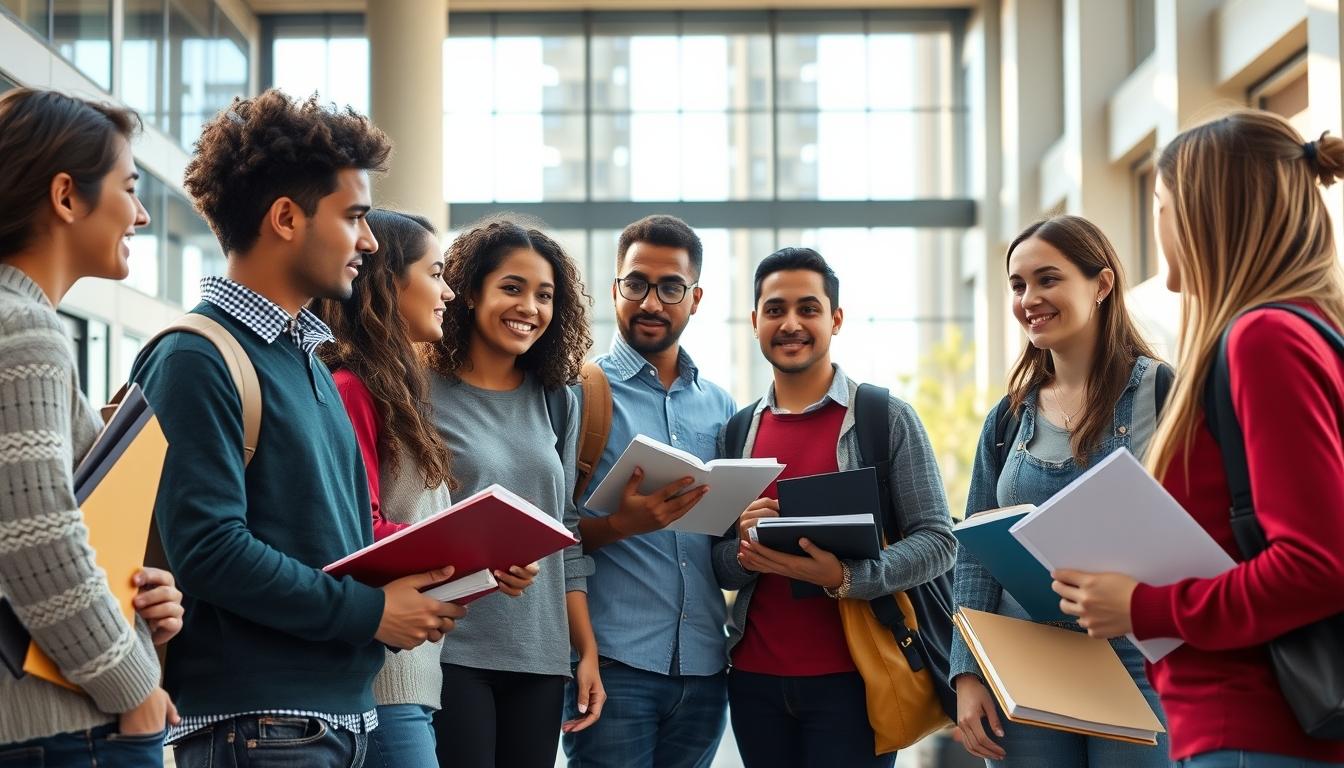 Students studying together in modern classroom